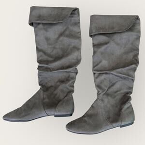 Lower East Side Women Size 8 Gray Slouchy Flat Knee High Boots Fold Faux Suede
